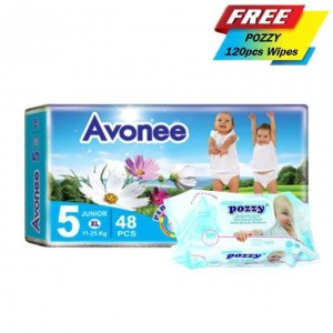 Avonee Diaper - Junior (11-25 Kg)-48Pcs With Free Pozzy Baby Wet Towel Wipes 120 Pcs(Flip Cap)
